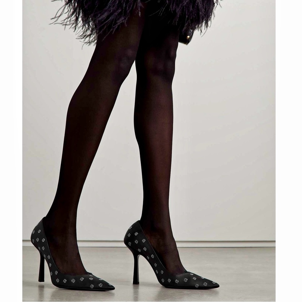 Alexander Wang Delphine Black Satin Crystal Logo Stiletto Pumps Heels 4” 39.5 - Picture 10 of 16